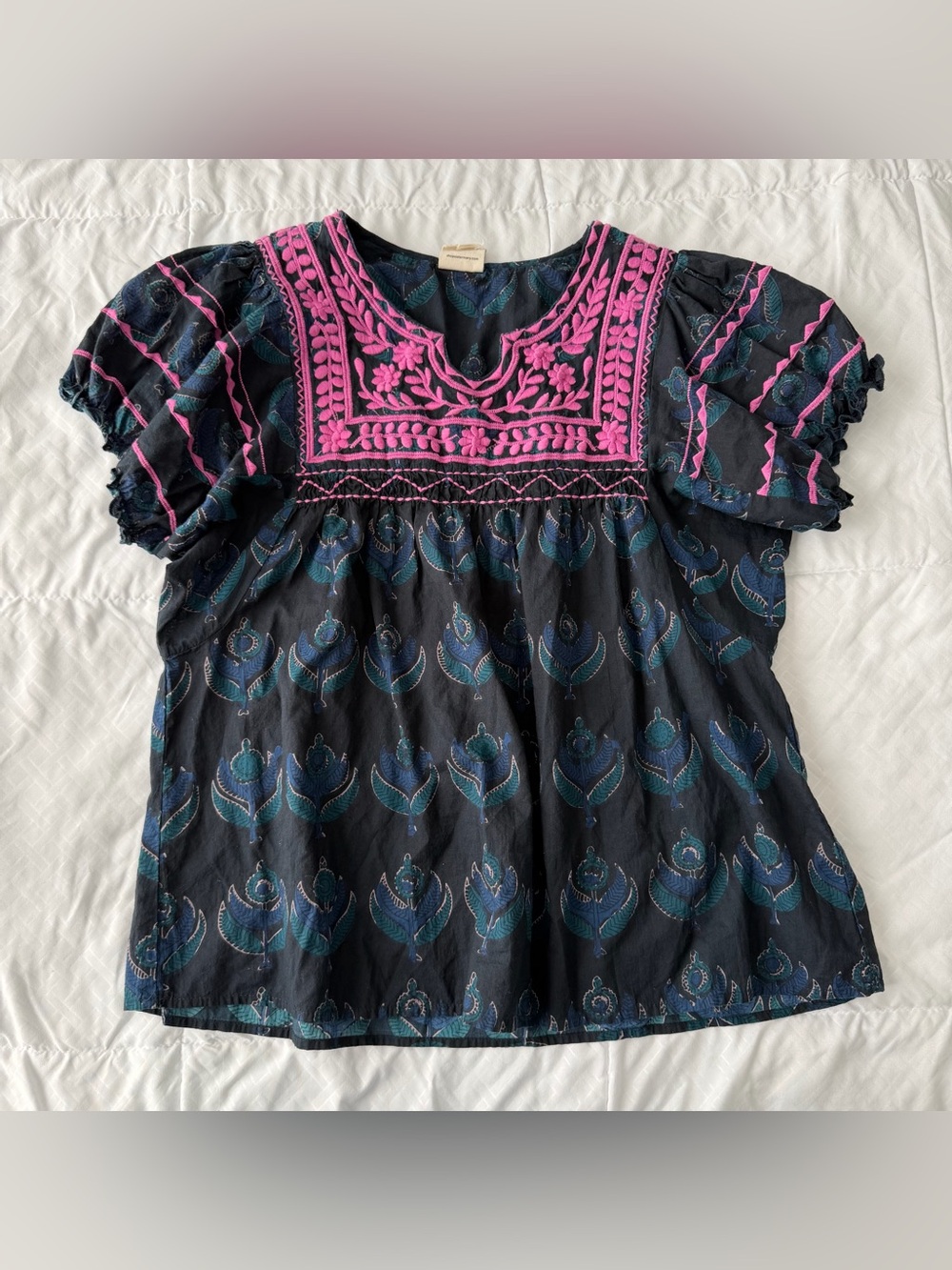 Sister Mary Patsy Mexican Embroidered Peasant Blouse Top S Boho Blue Pink Black
